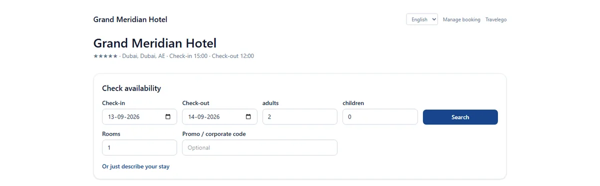 The HotelAI PMS booking page showing room types, rate plans and nightly prices