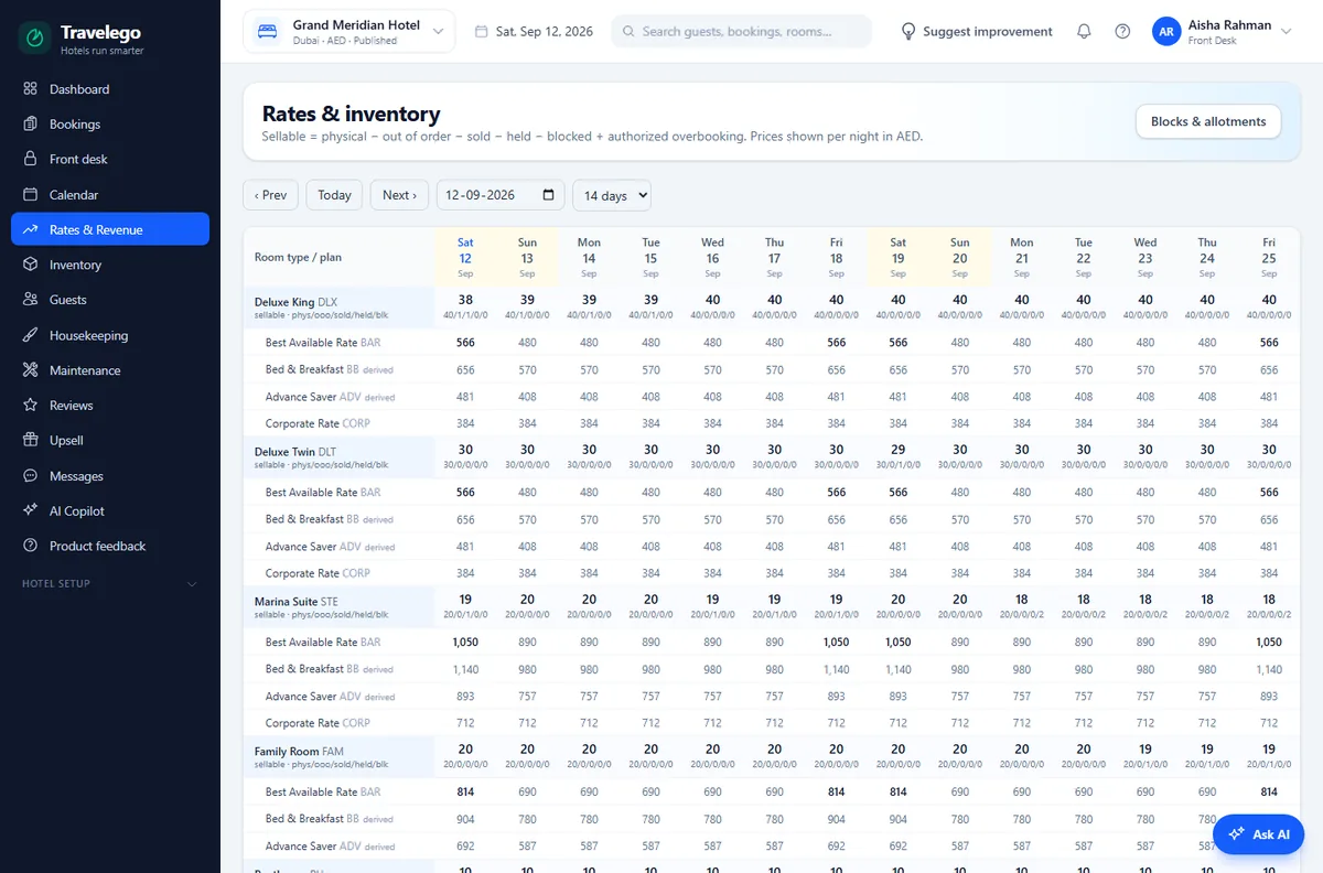 The rates and inventory calendar showing prices and remaining rooms by date